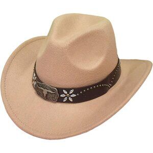 Unisex Dark khaki 100% Polyester Bull Skull Band Classic Fedora Felt Cowboy Hat